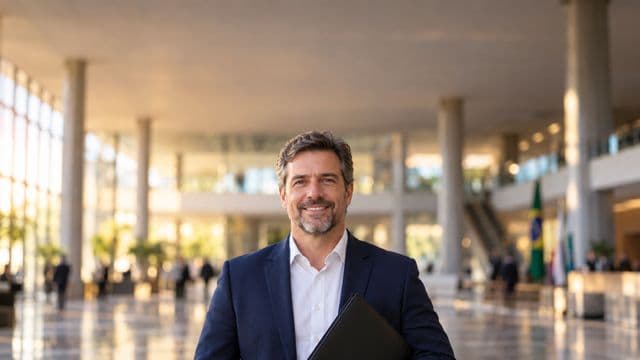 Servidor público sorrindo, com blazer azul-marinho sobre camisa branca, segurando uma pasta, em o saguão amplo de um prédio público moderno