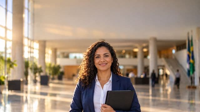 Servidora pública sorrindo, com blazer azul-marinho sobre camisa branca, segurando uma pasta, em o saguão amplo de um prédio público moderno