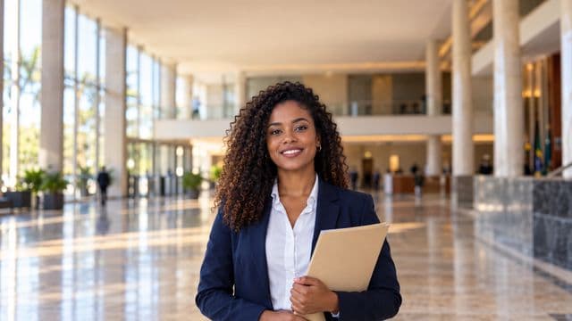 Servidora pública sorrindo, com blazer azul-marinho sobre camisa branca, segurando uma pasta, em o saguão amplo de um prédio público moderno