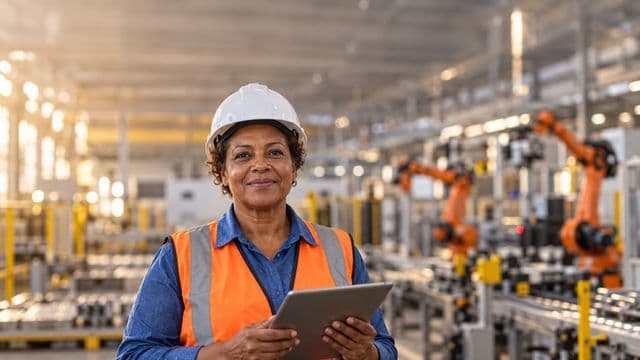 Engenheira de produção sorrindo, com capacete branco e colete laranja sobre camisa azul, segurando um tablet, em uma fábrica moderna com linha de produção e braços robóticos