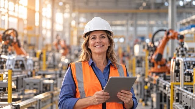 Engenheira de produção sorrindo, com capacete branco e colete laranja sobre camisa azul, segurando um tablet, em uma fábrica moderna com linha de produção e braços robóticos