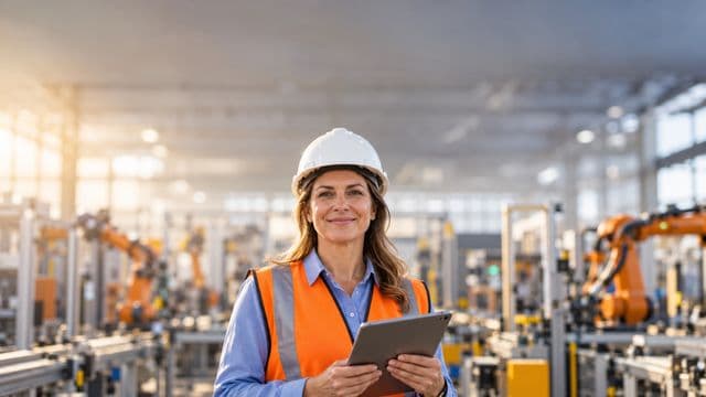 Engenheira de produção sorrindo, com capacete branco e colete laranja sobre camisa azul, segurando um tablet, em uma fábrica moderna com linha de produção e braços robóticos