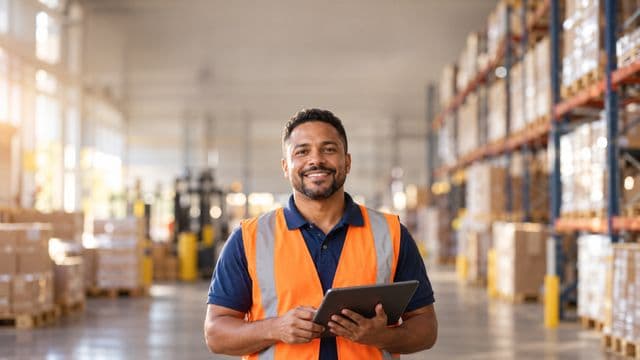 Profissional de logística sorrindo, com colete refletivo laranja sobre camisa polo azul, segurando um tablet, em um centro de distribuição com prateleiras altas e caixas