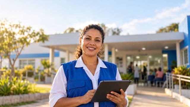 Agente de saúde pública sorrindo, com colete azul de equipe de saúde sobre camisa branca, segurando um tablet, em uma unidade básica de saúde moderna
