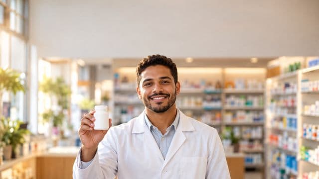 Farmacêutico sorrindo, com jaleco branco, segurando um frasco de medicamento sem rótulo legível, em uma farmácia moderna com prateleiras organizadas