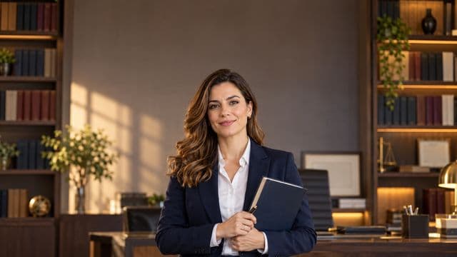 Advogada sorrindo, com terno azul-marinho e camisa branca, segurando um livro de capa lisa e uma caneta, em um escritório de advocacia elegante com estantes de livros