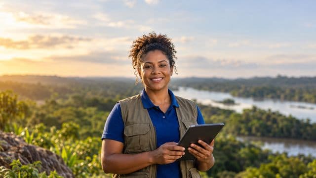 Gestora ambiental sorrindo, com camisa polo azul e colete de campo, segurando um tablet, em uma área de preservação com mata e um rio