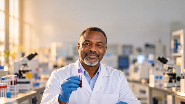 Biomédico sorrindo, com jaleco branco e luvas azuis, segurando um tubo de ensaio, em um laboratório de análises clínicas com microscópios e bancadas