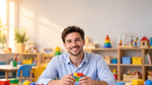 Psicopedagogo sorrindo, com camisa azul-clara, segurando blocos de montar coloridos, em uma sala de atendimento infantil colorida e organizada, com brinquedos pedagógicos