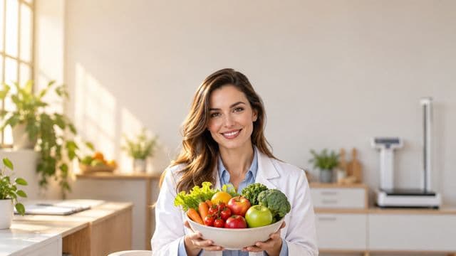 Nutricionista sorrindo, com jaleco branco sobre camisa azul-clara, segurando uma tigela de frutas e legumes frescos, em um consultório de nutrição claro com bancada e balança