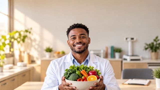 Nutricionista sorrindo, com jaleco branco sobre camisa azul-clara, segurando uma tigela de frutas e legumes frescos, em um consultório de nutrição claro com bancada e balança