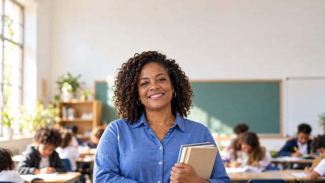 Professora sorrindo, com camisa social azul, segurando livros de capa lisa, em uma sala de aula moderna e clara com alunos desfocados