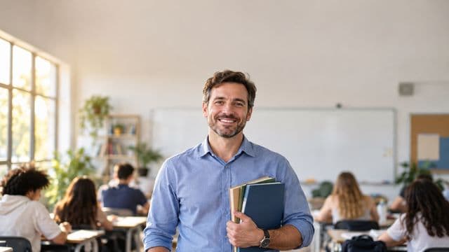 Professor sorrindo, com camisa social azul, segurando livros de capa lisa, em uma sala de aula moderna e clara com alunos desfocados