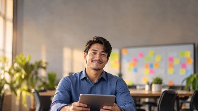 Gerente de projetos sorrindo, com camisa social azul, segurando um tablet, em uma sala de reunião com um quadro de tarefas cheio de post-its coloridos