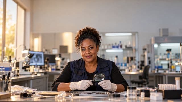 Perita criminal sorrindo, com colete azul-escuro de perícia sobre camisa preta e luvas, segurando uma lupa, em um laboratório de perícia forense