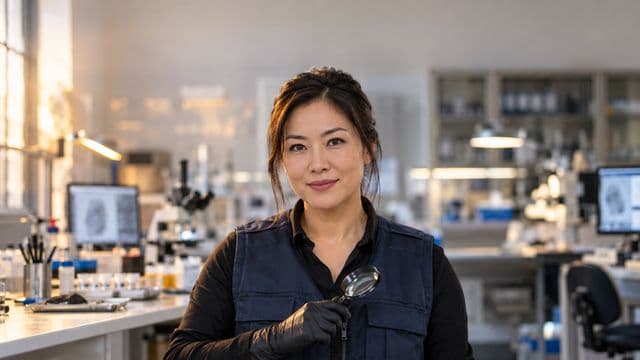 Perita criminal sorrindo, com colete azul-escuro de perícia sobre camisa preta e luvas, segurando uma lupa, em um laboratório de perícia forense