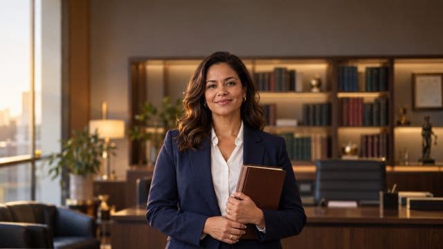 Advogada sorrindo, com terno azul-marinho e camisa branca, segurando um livro de capa lisa, em um escritório de advocacia elegante com estantes de livros