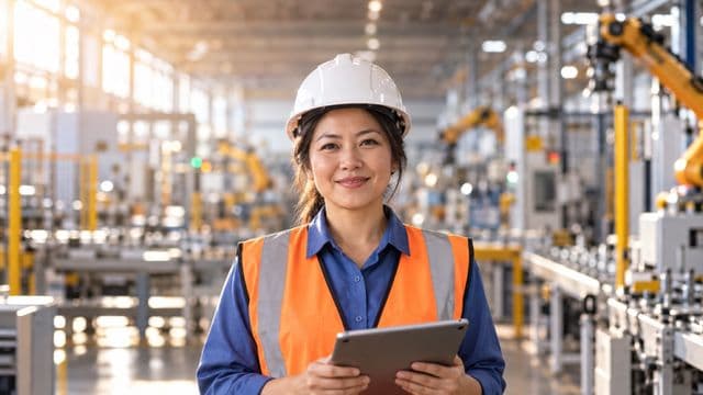 Engenheira de produção sorrindo, com capacete branco e colete laranja sobre camisa azul, segurando um tablet, em uma fábrica moderna com linha de produção e braços robóticos