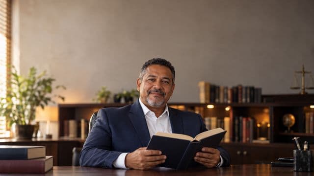 Advogado sorrindo, com terno azul-marinho e camisa branca, segurando um livro de capa lisa, em um escritório de advocacia elegante com estantes de livros