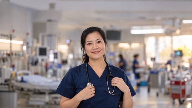 Profissional de emergência sorrindo, com uniforme azul-marinho de equipe de emergência, segurando um estetoscópio, em uma sala de emergência hospitalar moderna