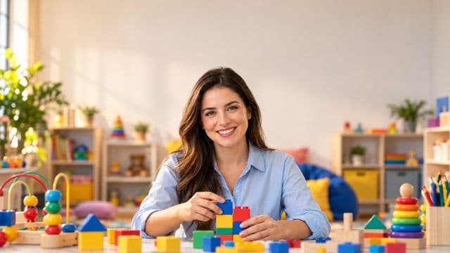 Psicopedagoga sorrindo, com camisa azul-clara, segurando blocos de montar coloridos, em uma sala de atendimento infantil colorida e organizada, com brinquedos pedagógicos