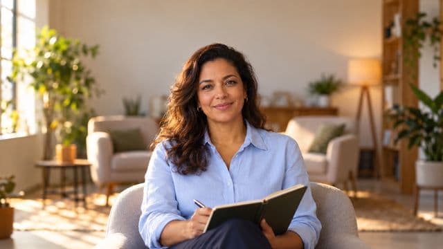 Psicóloga sorrindo, com camisa social azul, sem gravata, segurando um caderno de anotações, em um consultório de psicologia aconchegante com poltronas e plantas