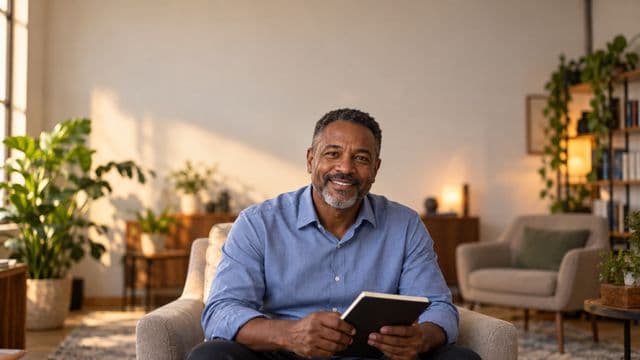 Psicólogo sorrindo, com camisa social azul, sem gravata, segurando um caderno de anotações, em um consultório de psicologia aconchegante com poltronas e plantas