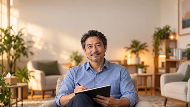 Psicólogo sorrindo, com camisa social azul, sem gravata, segurando um caderno de anotações, em um consultório de psicologia aconchegante com poltronas e plantas