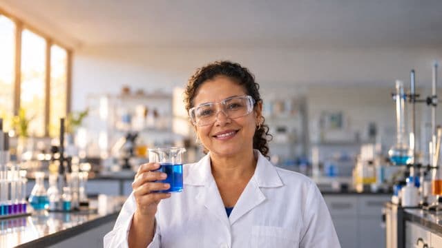 Professora de química sorrindo, com jaleco branco e óculos de proteção, segurando um béquer com líquido azul, em um laboratório de química com vidrarias