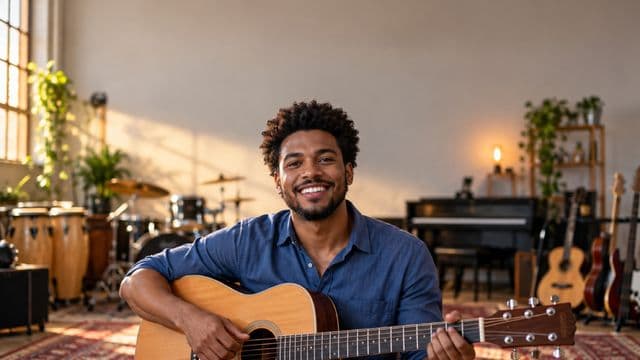 Professor de música sorrindo, com camisa casual azul, segurando um violão, em uma sala de música com instrumentos