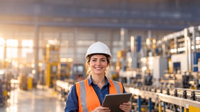 Técnica industrial sorrindo, com capacete branco e colete laranja sobre camisa azul, segurando um tablet, em uma fábrica moderna com linha de produção