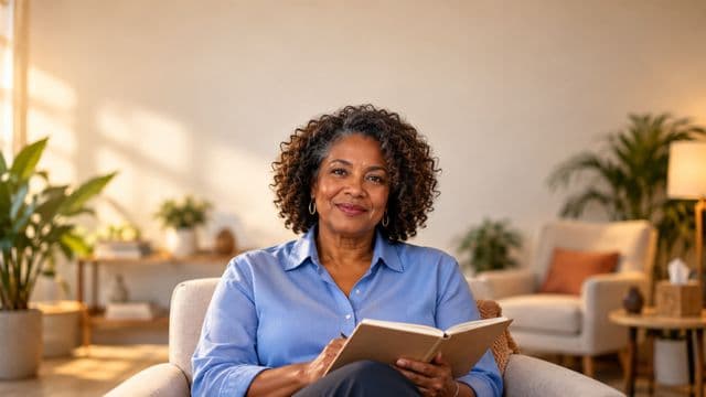 Psicóloga sorrindo, com camisa social azul, sem gravata, segurando um caderno de anotações, em um consultório de psicologia aconchegante com poltronas e plantas