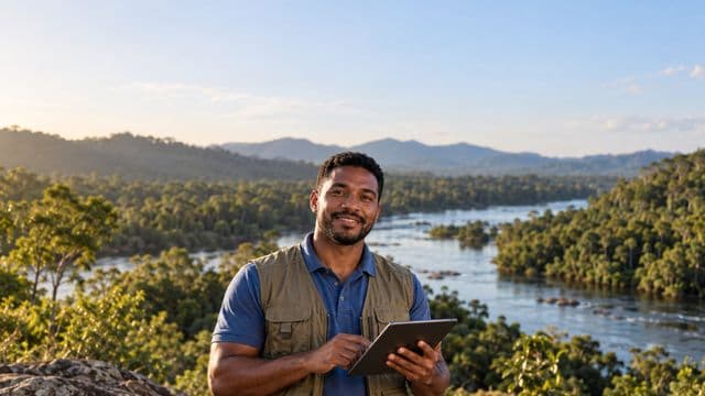 Gestor ambiental sorrindo, com camisa polo azul e colete de campo, segurando um tablet, em uma área de preservação com mata e um rio
