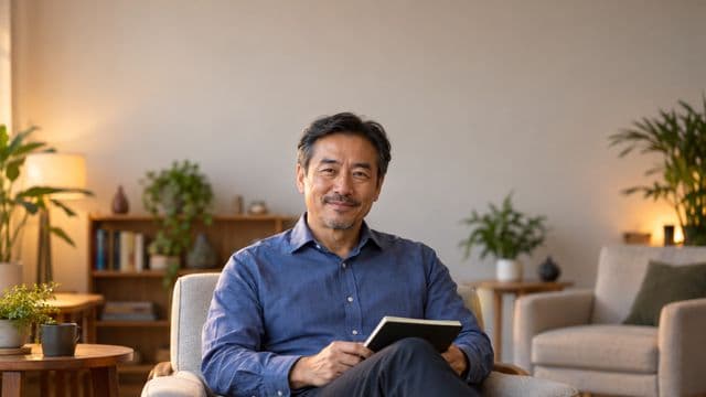 Psicólogo sorrindo, com camisa social azul, sem gravata, segurando um caderno de anotações, em um consultório de psicologia aconchegante com poltronas e plantas