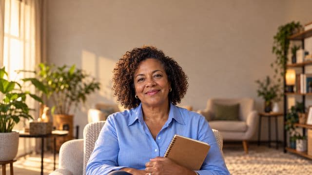 Psicóloga sorrindo, com camisa social azul, sem gravata, segurando um caderno de anotações, em um consultório de psicologia aconchegante com poltronas e plantas