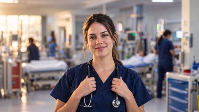 Profissional de emergência sorrindo, com uniforme azul-marinho de equipe de emergência, segurando um estetoscópio, em uma sala de emergência hospitalar moderna