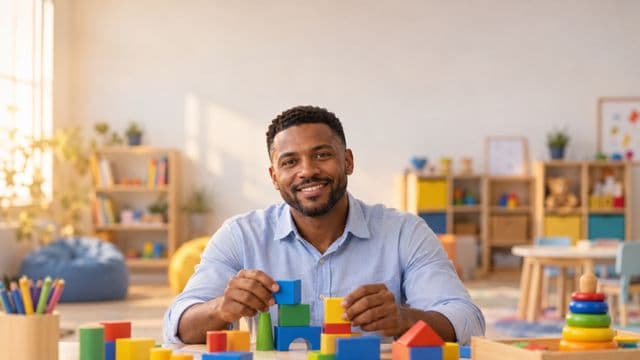 Psicopedagogo sorrindo, com camisa azul-clara, segurando blocos de montar coloridos, em uma sala de atendimento infantil colorida e organizada, com brinquedos pedagógicos
