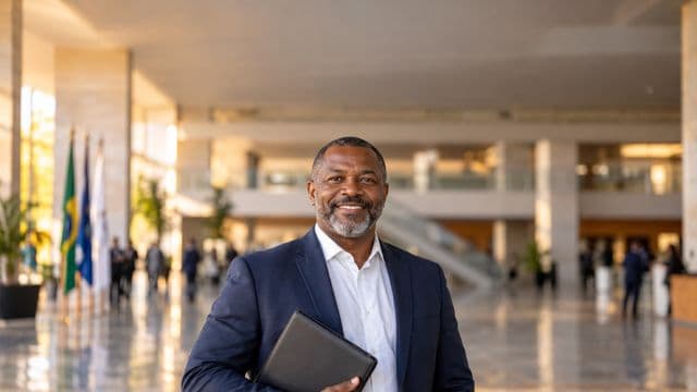 Servidor público sorrindo, com blazer azul-marinho sobre camisa branca, segurando uma pasta, em o saguão amplo de um prédio público moderno