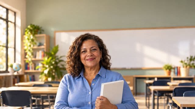 Professora de idiomas sorrindo, com camisa social azul, segurando um livro de capa lisa, em uma sala de aula de idiomas moderna
