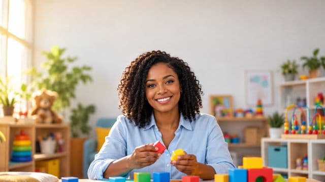 Psicopedagoga sorrindo, com camisa azul-clara, segurando blocos de montar coloridos, em uma sala de atendimento infantil colorida e organizada, com brinquedos pedagógicos