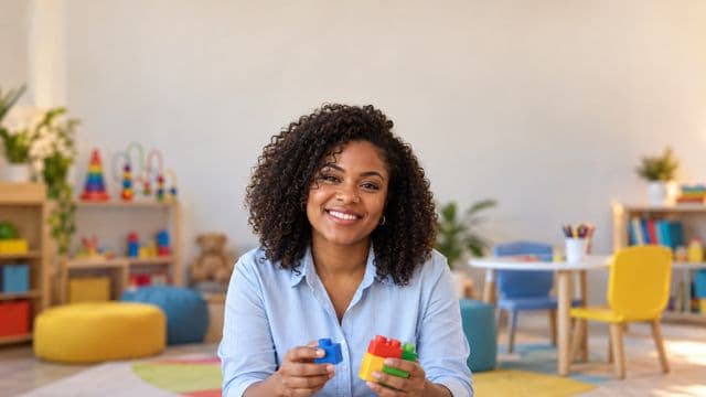 Psicopedagoga sorrindo, com camisa azul-clara, segurando blocos de montar coloridos, em uma sala de atendimento infantil colorida e organizada, com brinquedos pedagógicos