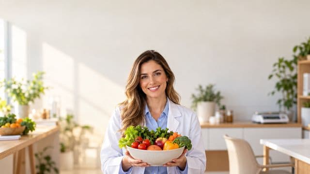 Nutricionista sorrindo, com jaleco branco sobre camisa azul-clara, segurando uma tigela de frutas e legumes frescos, em um consultório de nutrição claro com bancada e balança