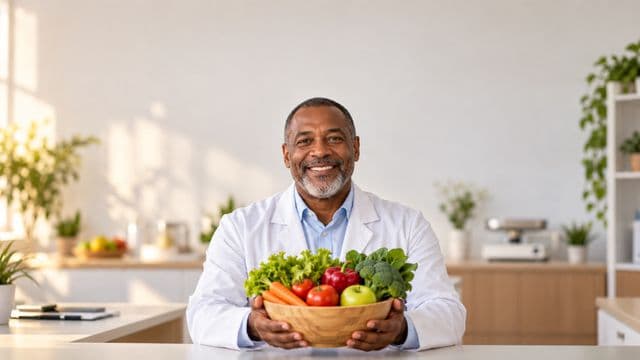 Nutricionista sorrindo, com jaleco branco sobre camisa azul-clara, segurando uma tigela de frutas e legumes frescos, em um consultório de nutrição claro com bancada e balança