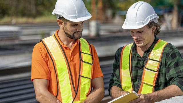 Dois profissionais de segurança do trabalho conferem uma prancheta em um canteiro de obras, usando capacete e colete refletivo