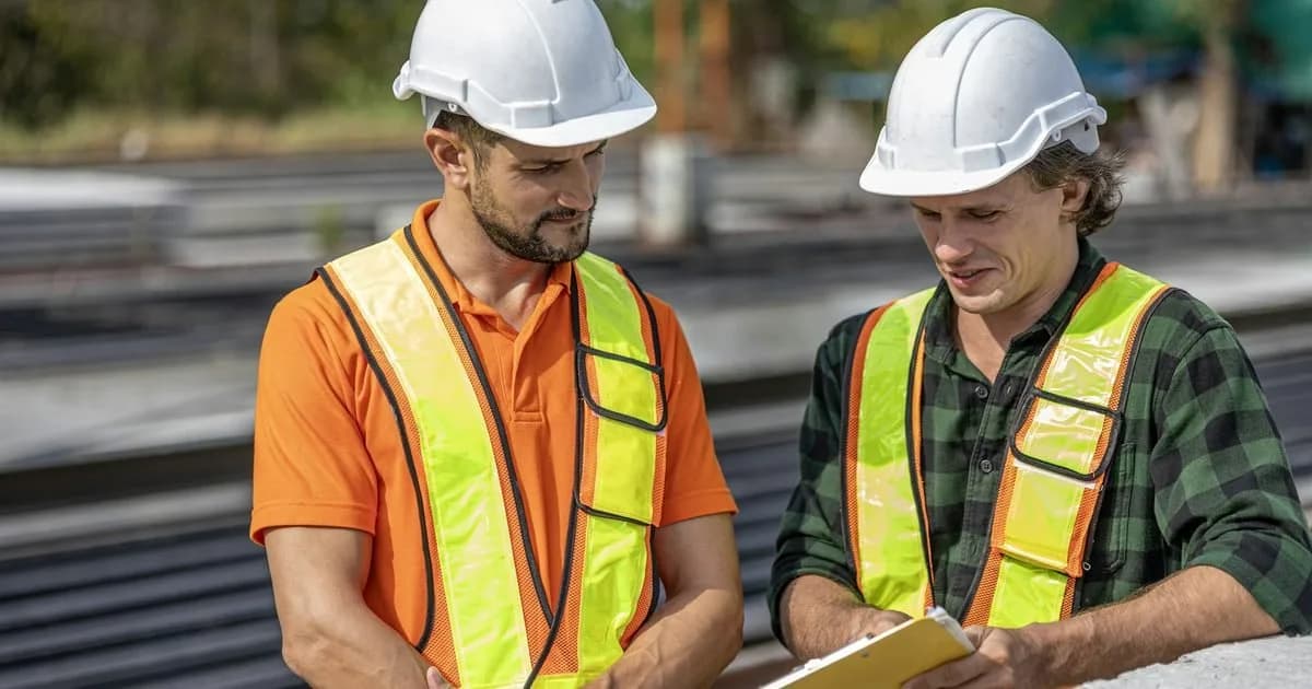 Dois profissionais de segurança do trabalho conferem uma prancheta em um canteiro de obras, usando capacete e colete refletivo