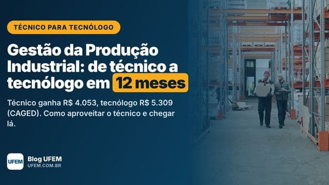 Dois profissionais conferindo estoque em corredor de armazem industrial, ilustrando Tecnico para Tecnologo em Gestao da Producao Industrial